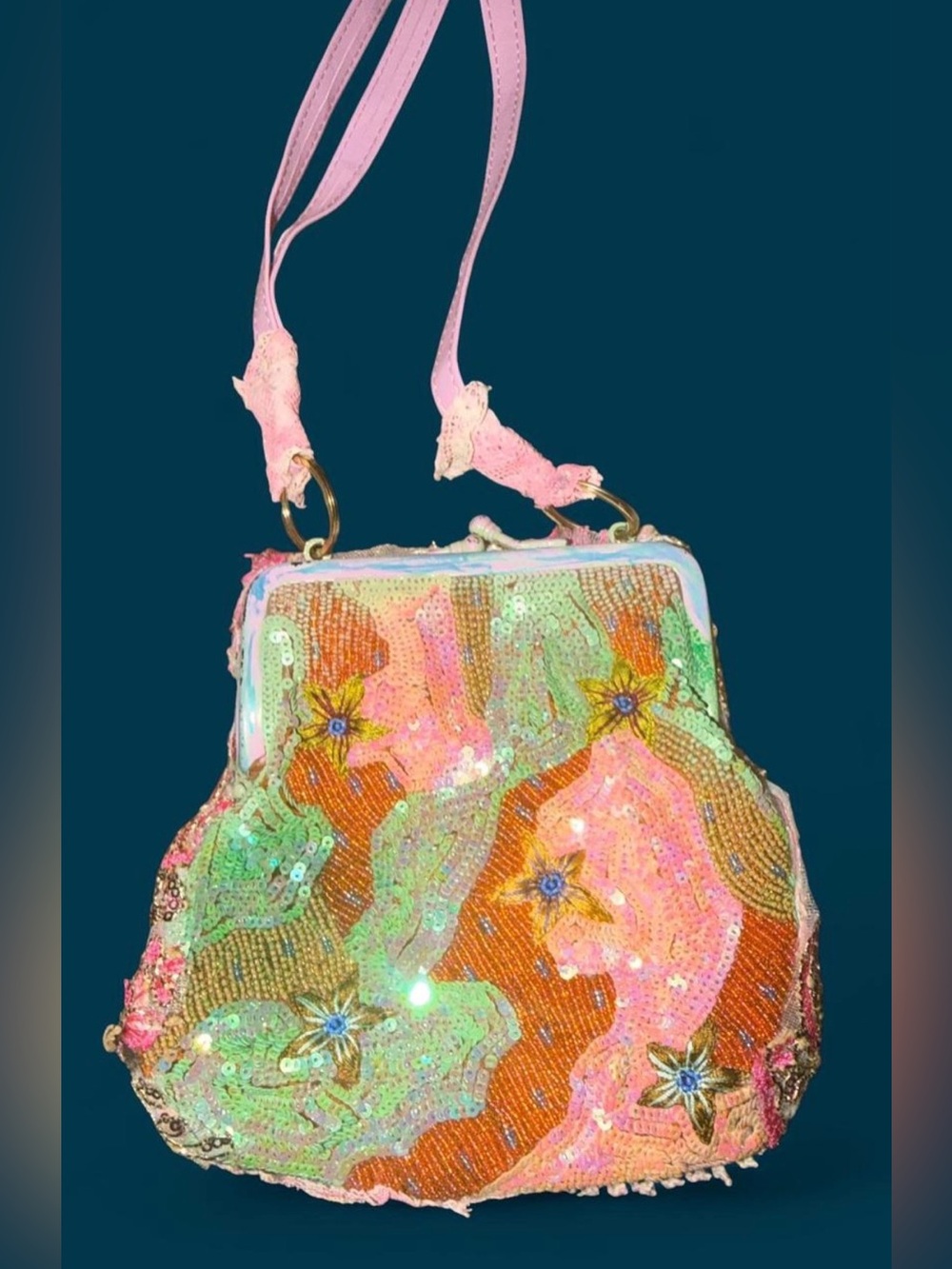 Iridescent Sequin Floral Evening Clutch in Pink & Orange